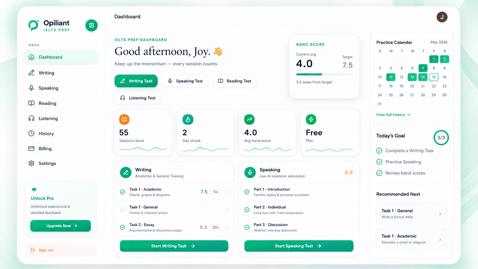 Opiliant dashboard preview showing band score, module cards, practice calendar, and goals